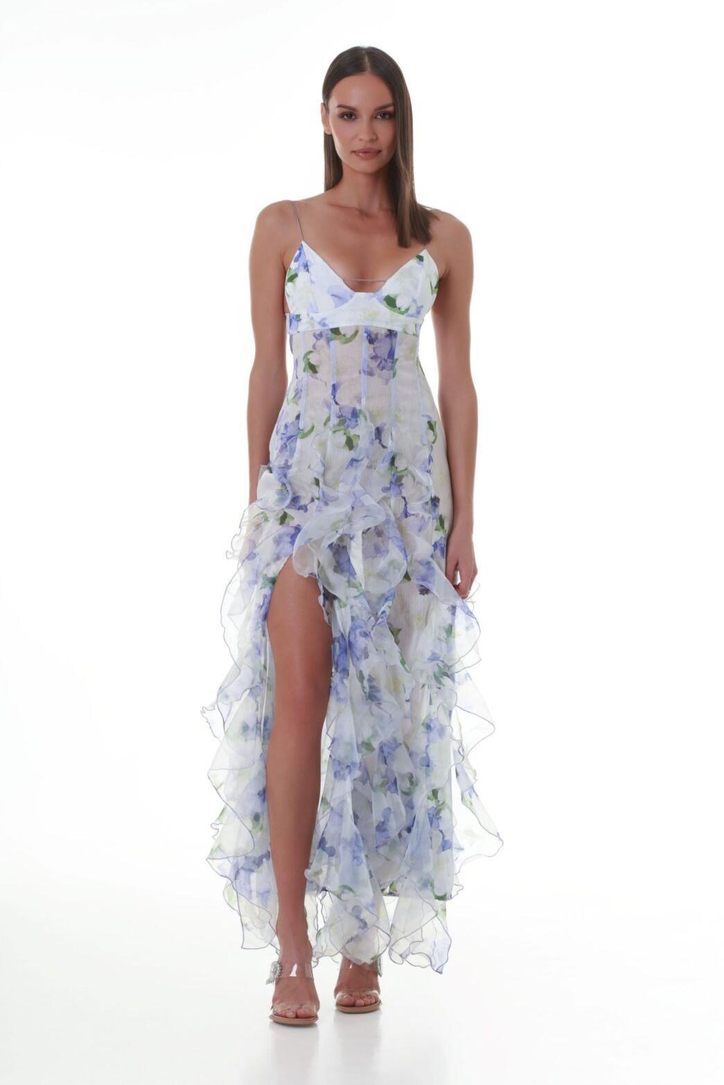 Chiffon Floral Frill Midi Dress