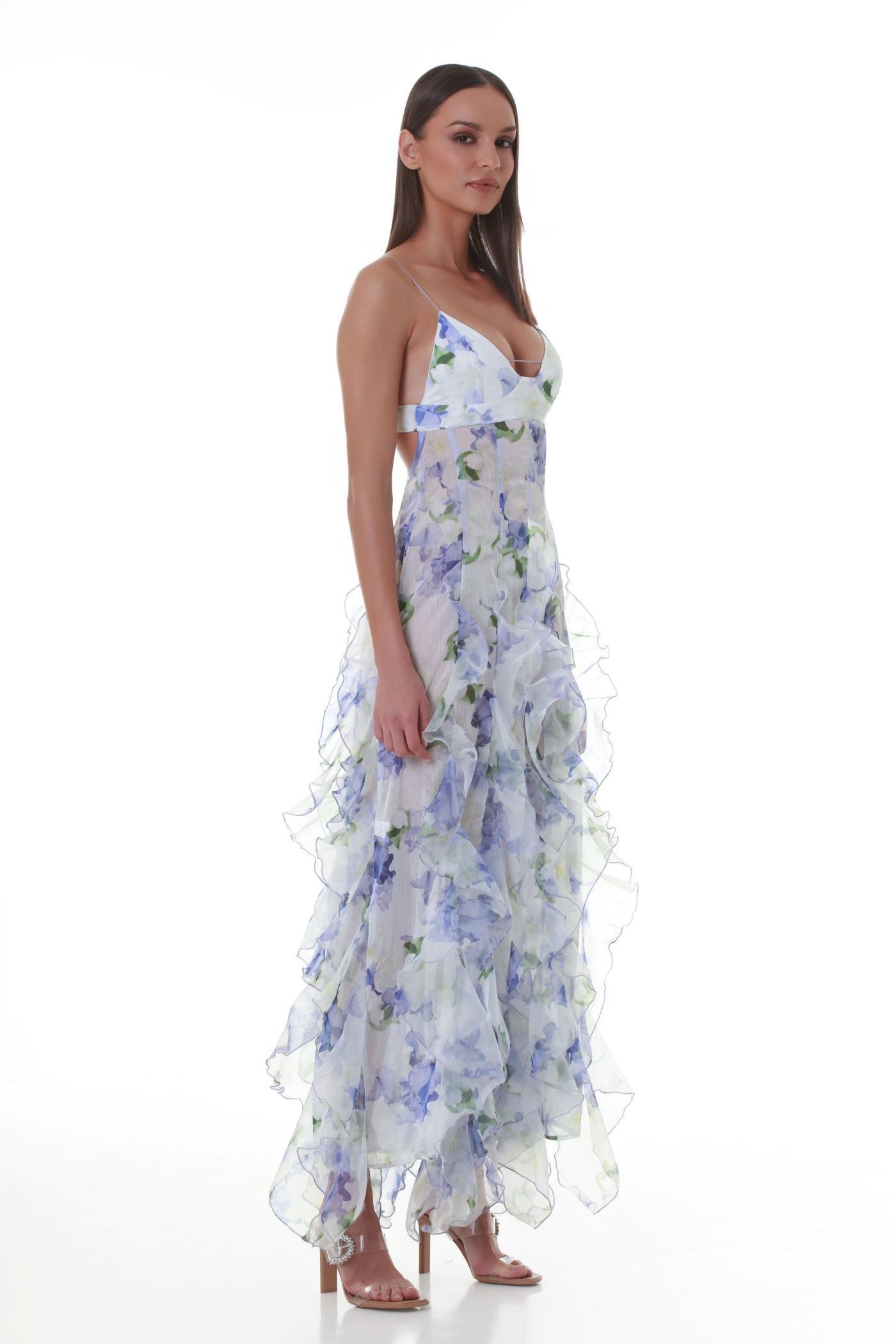 Chiffon Floral Frill Midi Dress
