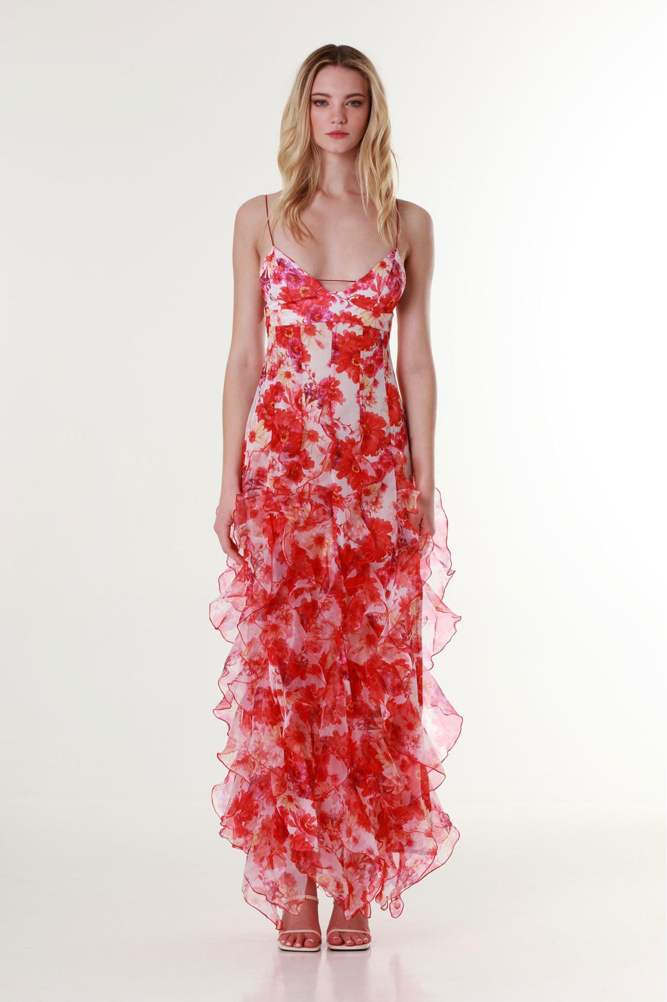 Chiffon Floral Frill Midi Dress