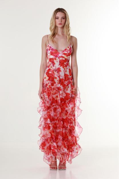 Chiffon Floral Frill Midi Dress