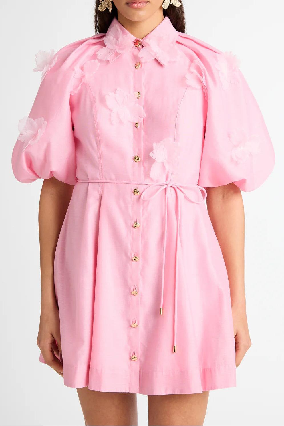 3D Flower Puff Sleeve Metal Button Mini Dress