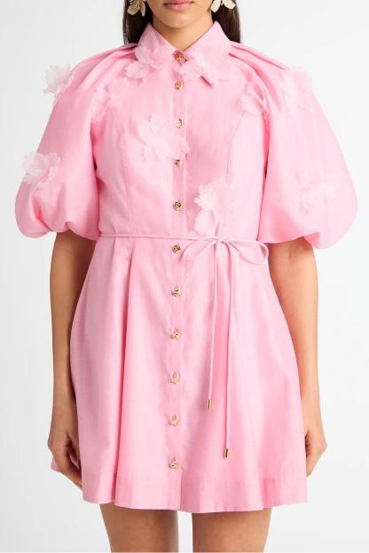 3D Flower Puff Sleeve Metal Button Mini Dress