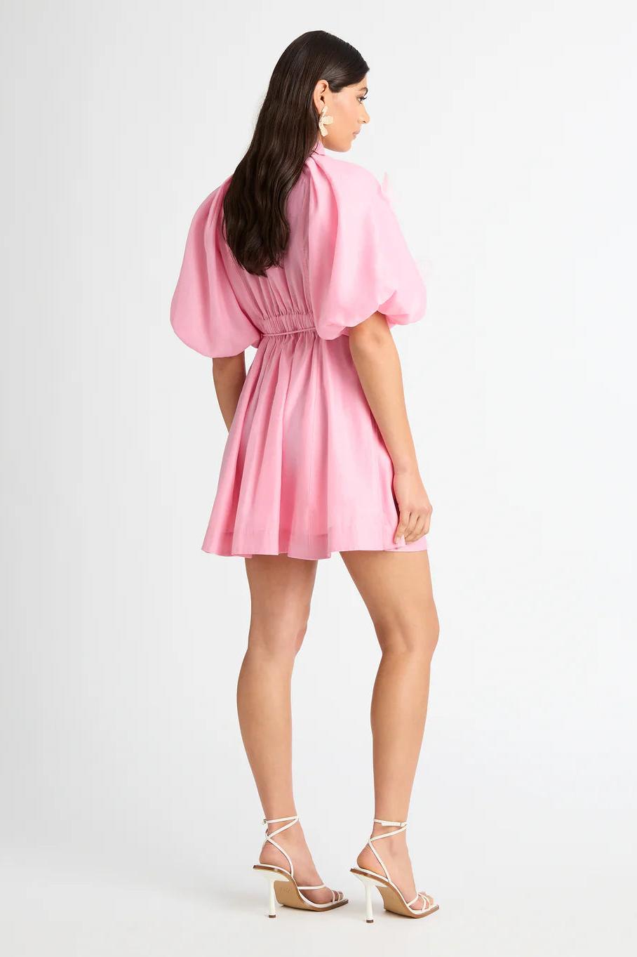 3D Flower Puff Sleeve Metal Button Mini Dress