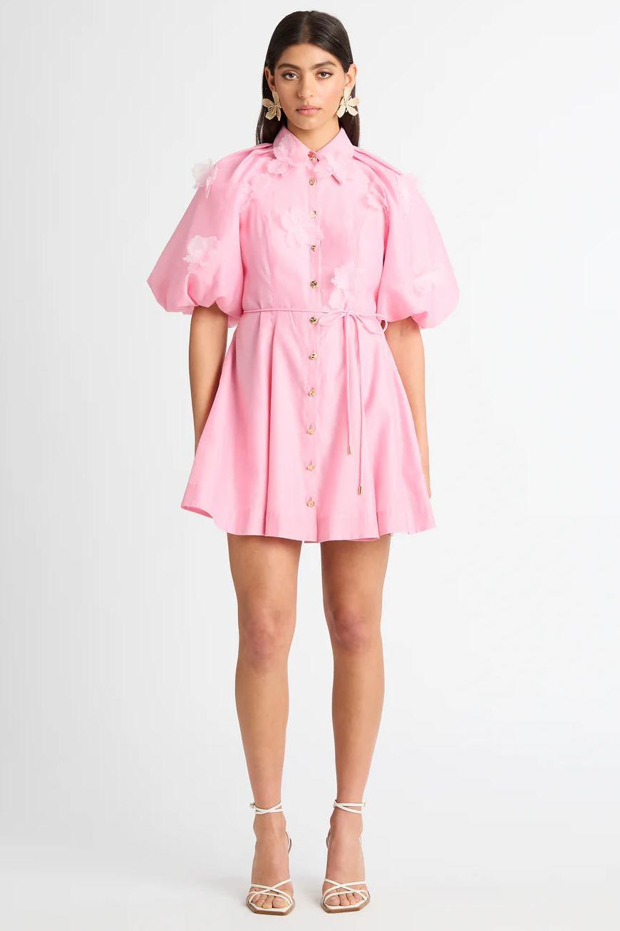 3D Flower Puff Sleeve Metal Button Mini Dress