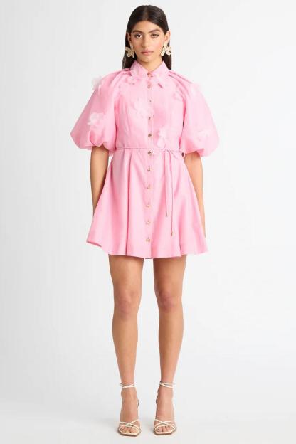 3D Flower Puff Sleeve Metal Button Mini Dress