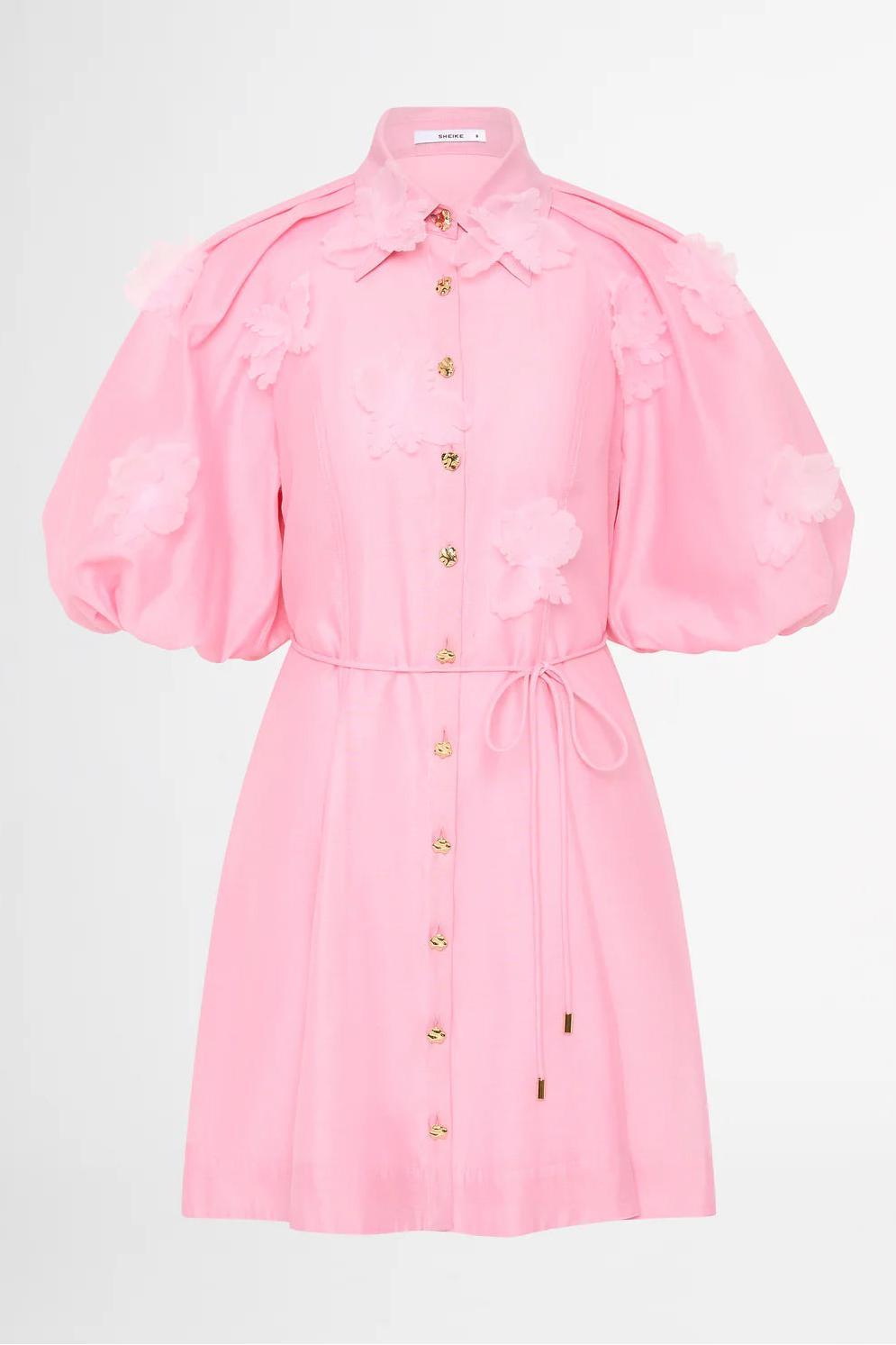 3D Flower Puff Sleeve Metal Button Mini Dress