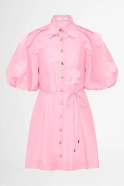 3D Flower Puff Sleeve Metal Button Mini Dress
