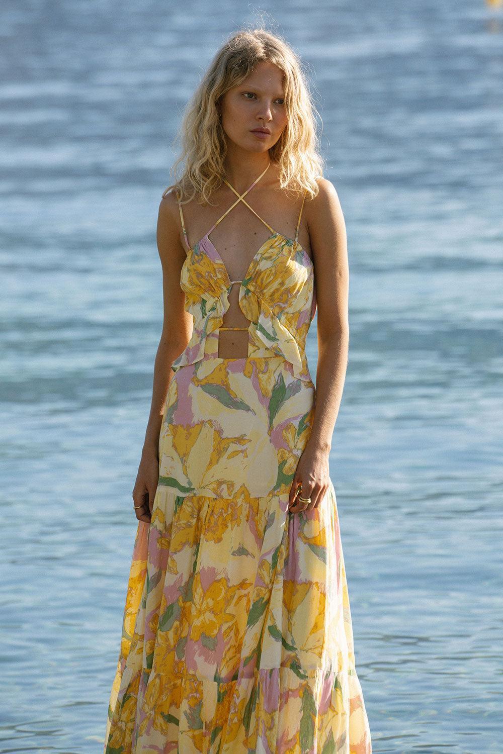 Floral Frill Gathering Maxi Dress