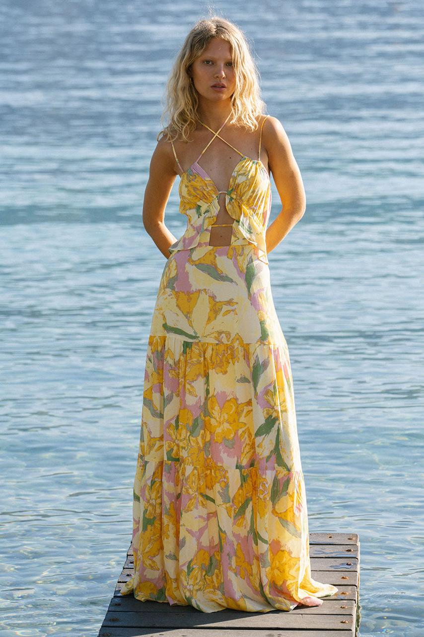 Floral Frill Gathering Maxi Dress
