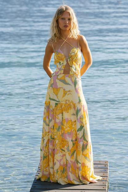 Floral Frill Gathering Maxi Dress