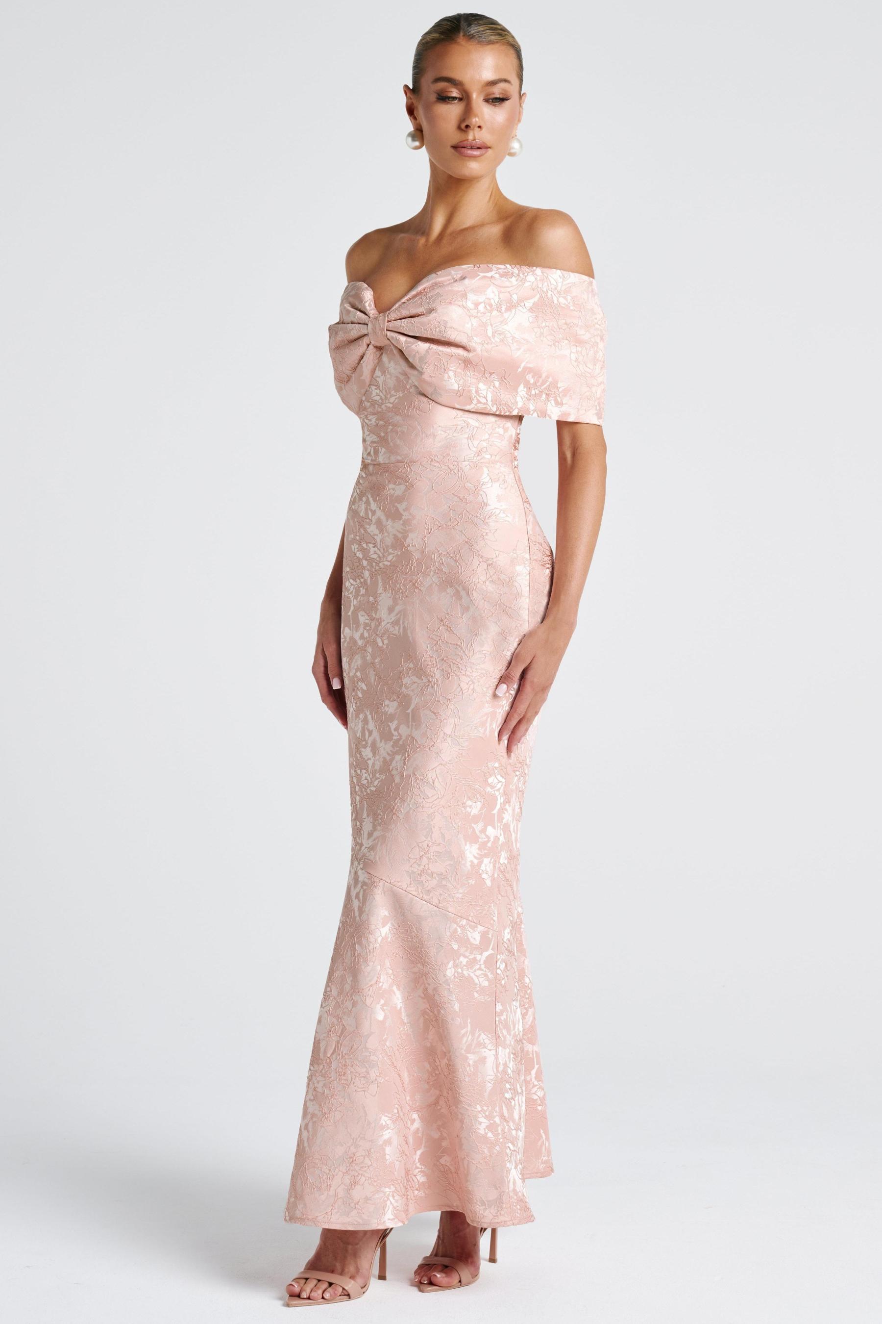 Bow Jacquard Off Shoulder Maxi Dress