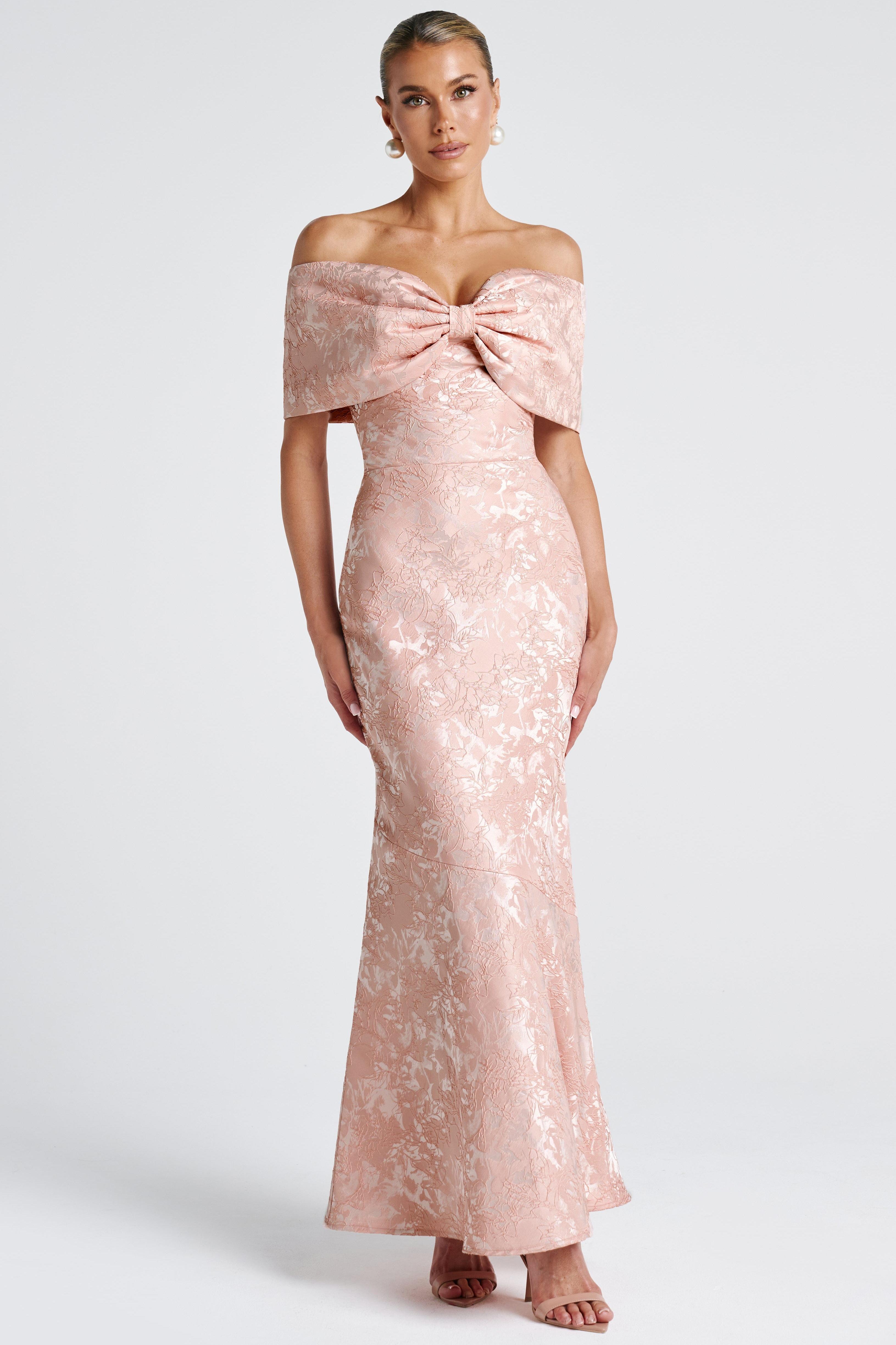 Bow Jacquard Off Shoulder Maxi Dress