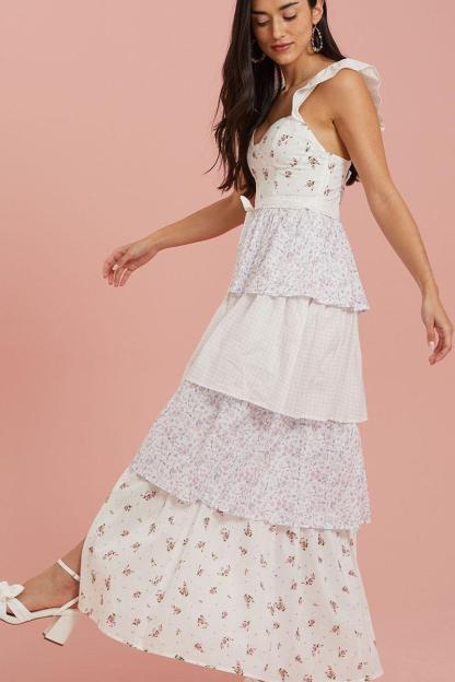 Floral Sweetheart Neck Frill Midi Dress
