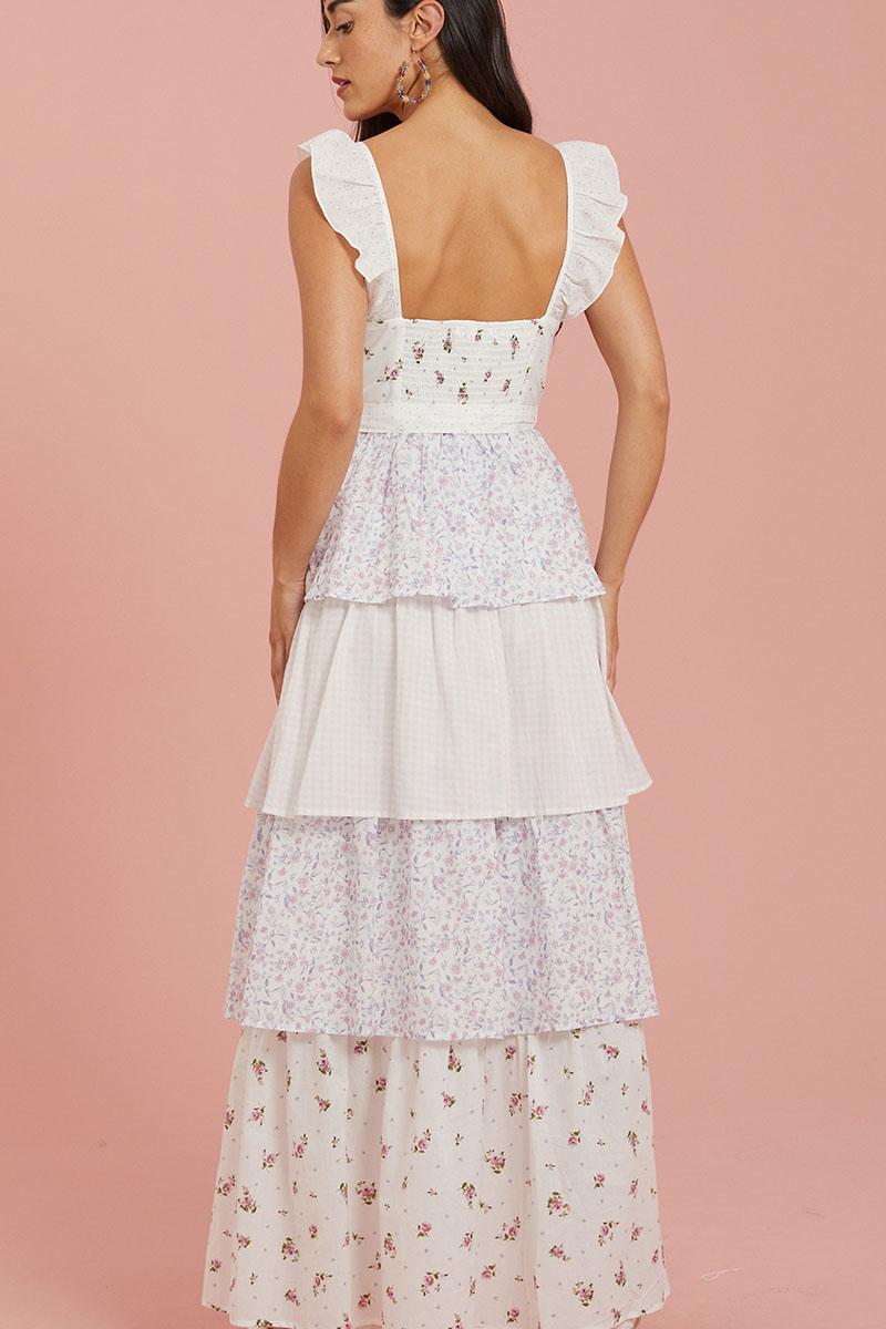 Floral Sweetheart Neck Frill Midi Dress