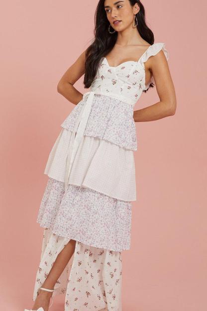 Floral Sweetheart Neck Frill Midi Dress
