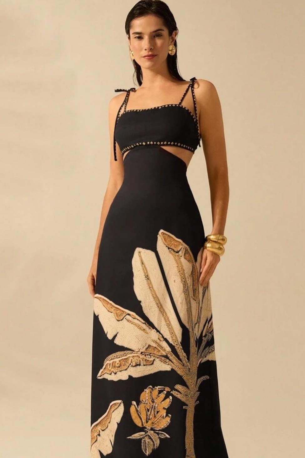 Botanical Print Lace-Up Slip Midi Dress