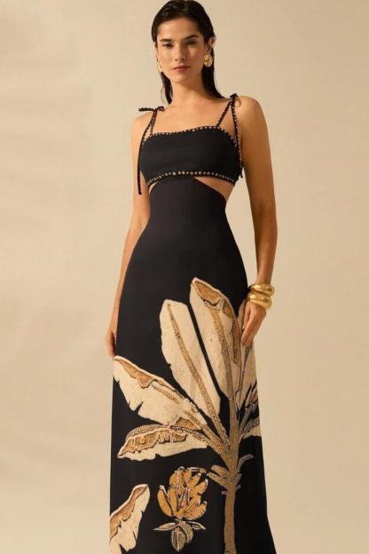Botanical Print Lace-Up Slip Midi Dress