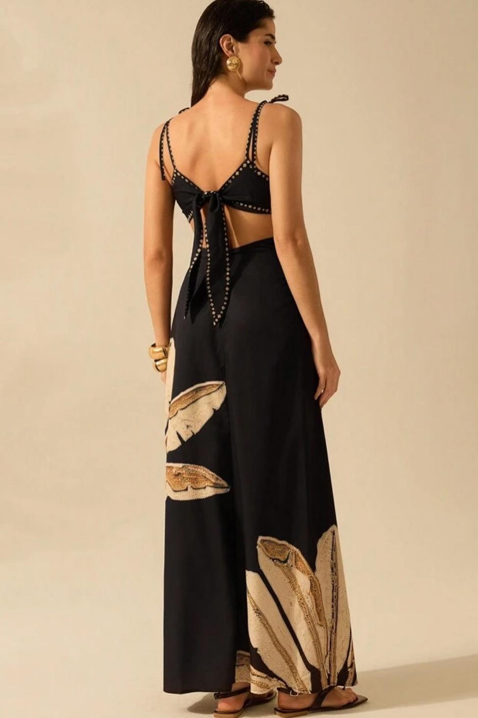 Botanical Print Lace-Up Slip Midi Dress