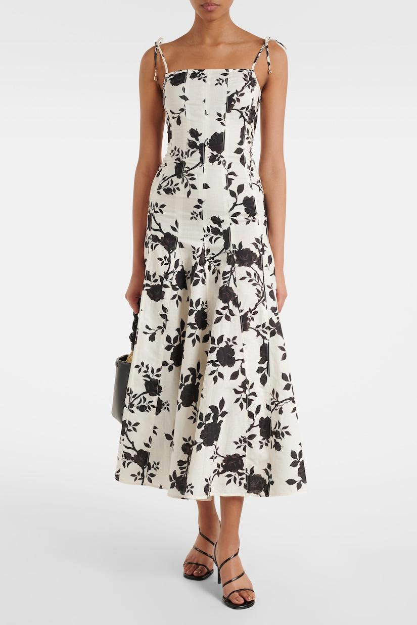 Floral Linen Splicing Slip Midi Dress