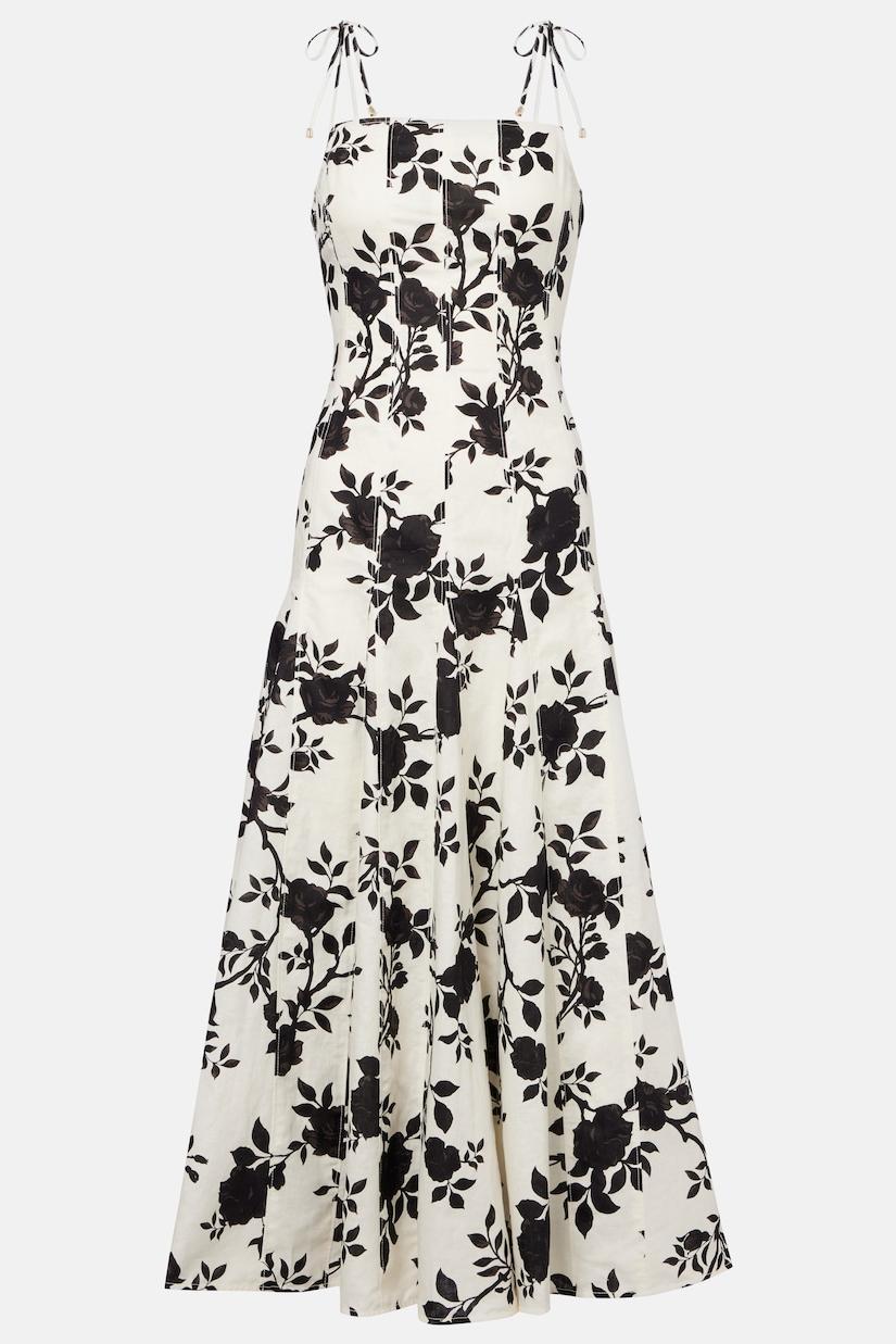 Floral Linen Splicing Slip Midi Dress