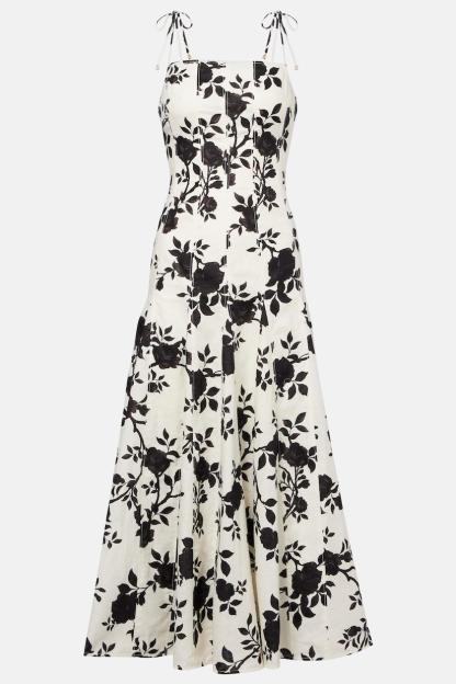Floral Linen Splicing Slip Midi Dress