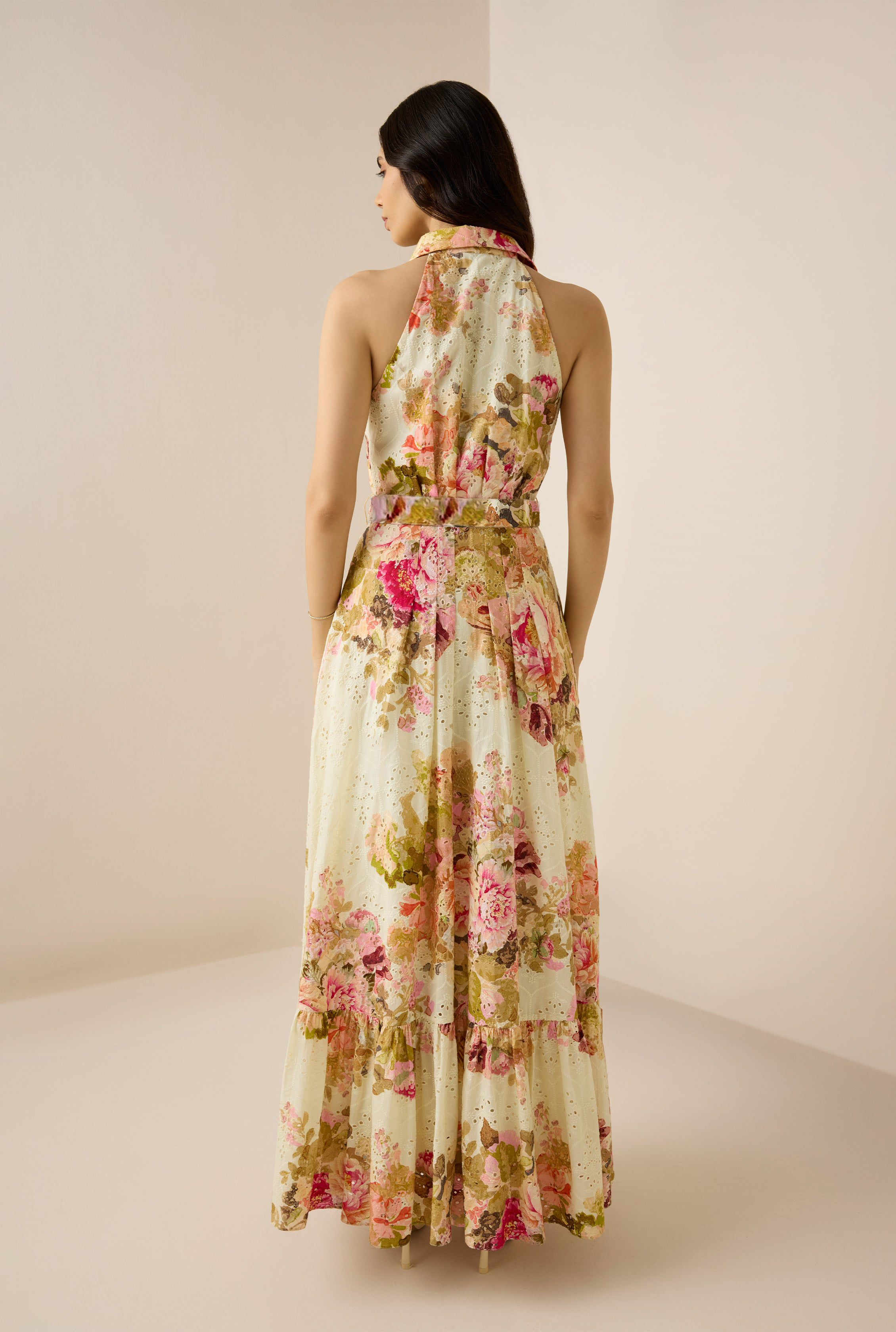 Embroidered Floral Maxi Dress With Belt