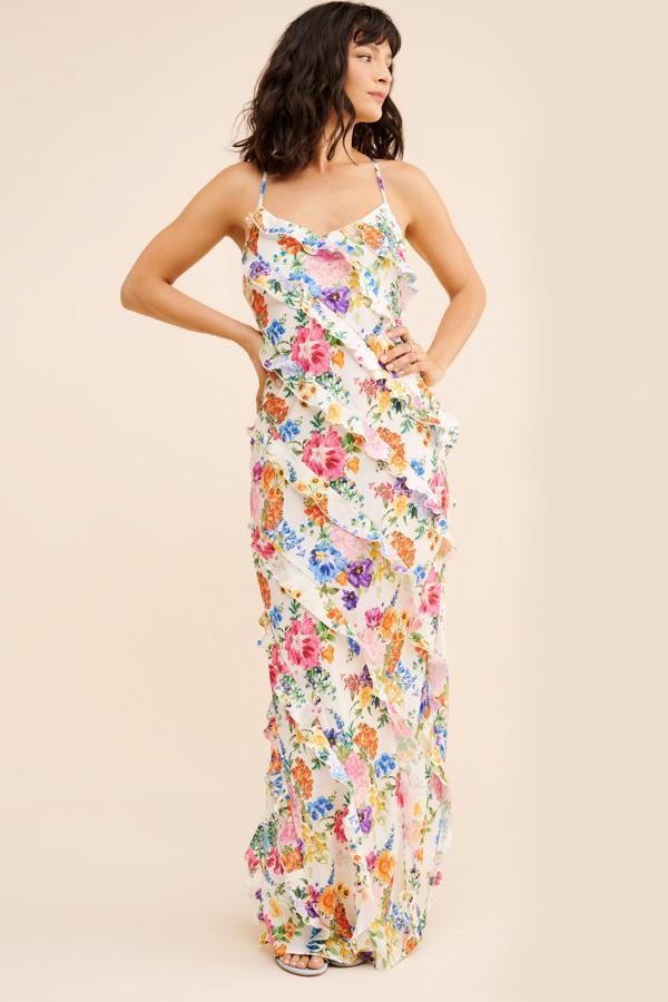 Floral Frill Splicing Slip Maxi Dress