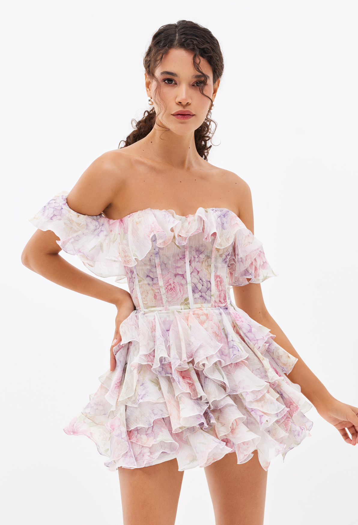 Floral Chiffon Off Shoulder Mini Dress