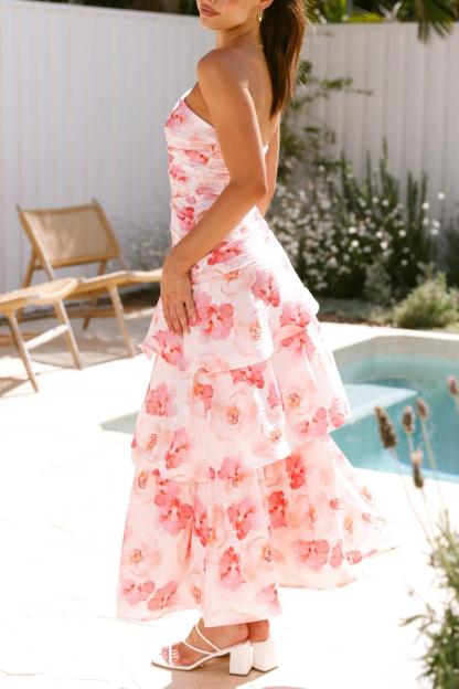 Floral Ruffle One Shoulder Midi Dress