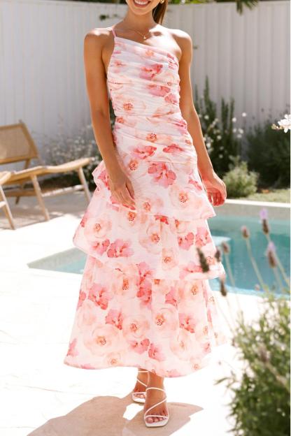 Floral Ruffle One Shoulder Midi Dress