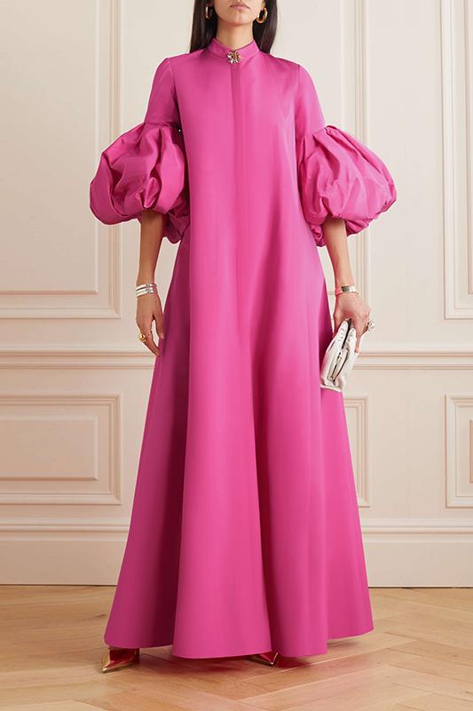 Solid Metal Button Puff Sleeve Maxi Dress