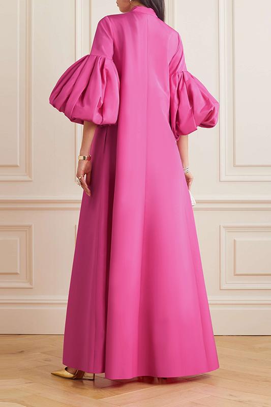 Solid Metal Button Puff Sleeve Maxi Dress