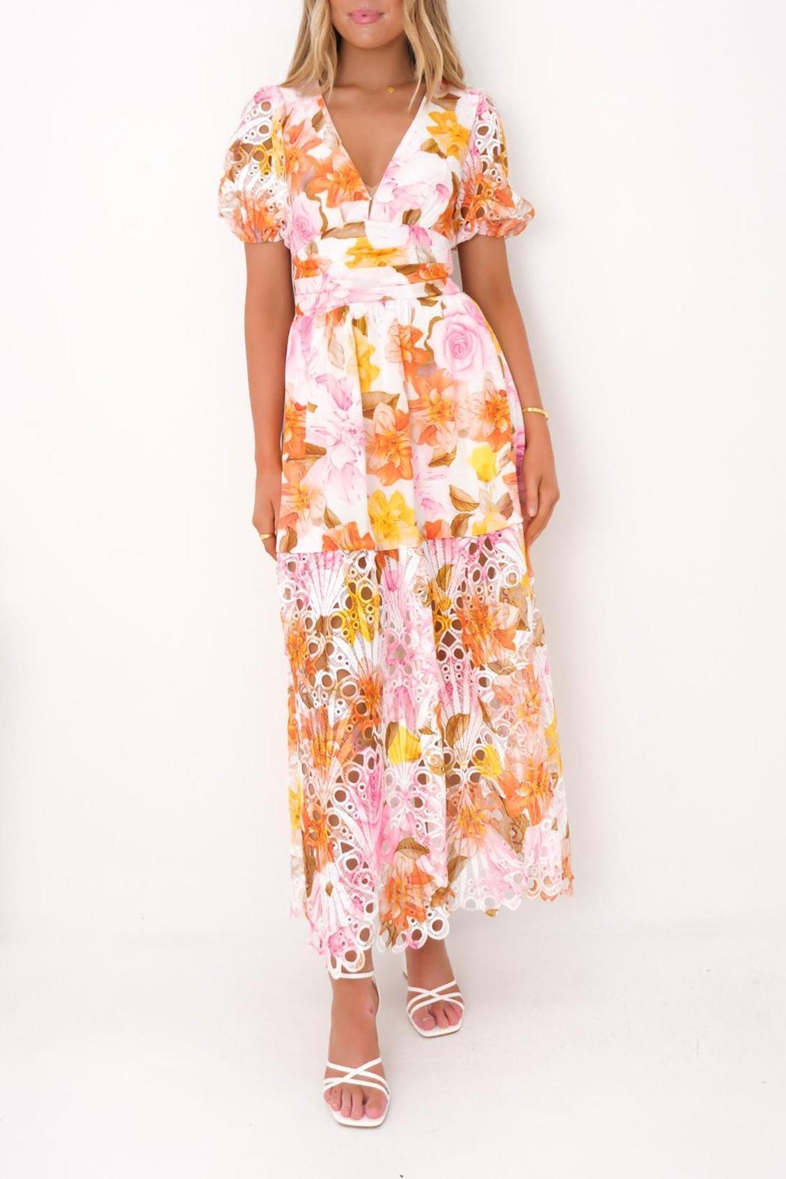Floral Lace V-Neck Midi Dress