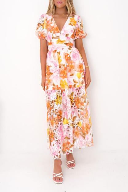 Floral Lace V-Neck Midi Dress