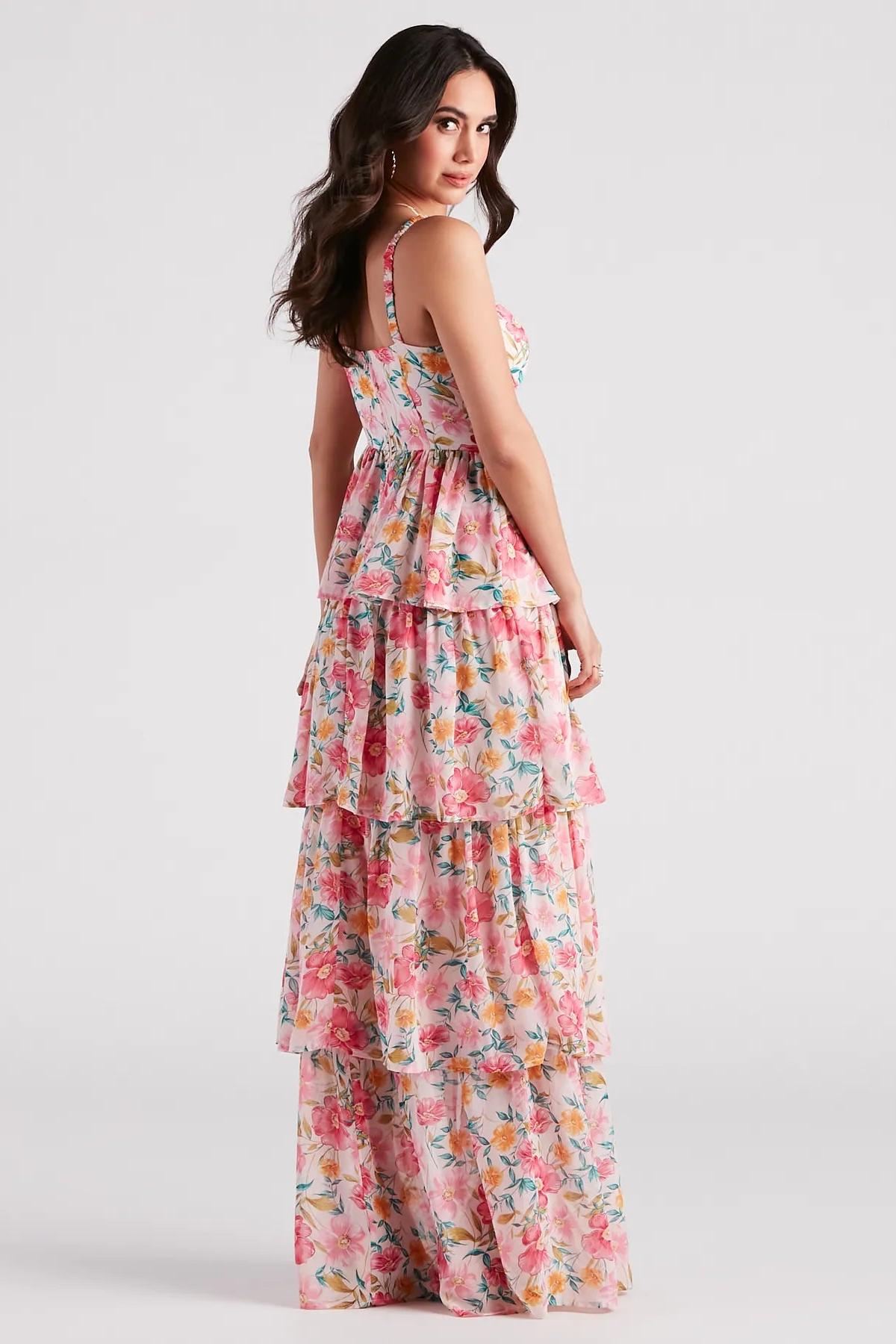 Floral Sweetheart Neck Ruffle Midi Dress