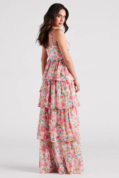 Floral Sweetheart Neck Ruffle Midi Dress
