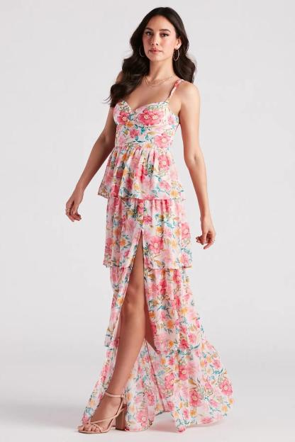 Floral Sweetheart Neck Ruffle Midi Dress