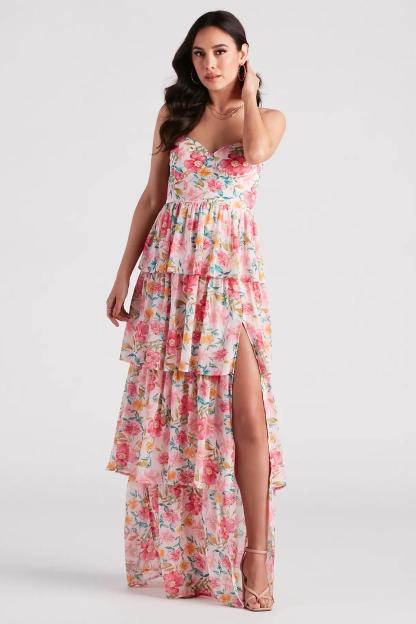 Floral Sweetheart Neck Ruffle Midi Dress