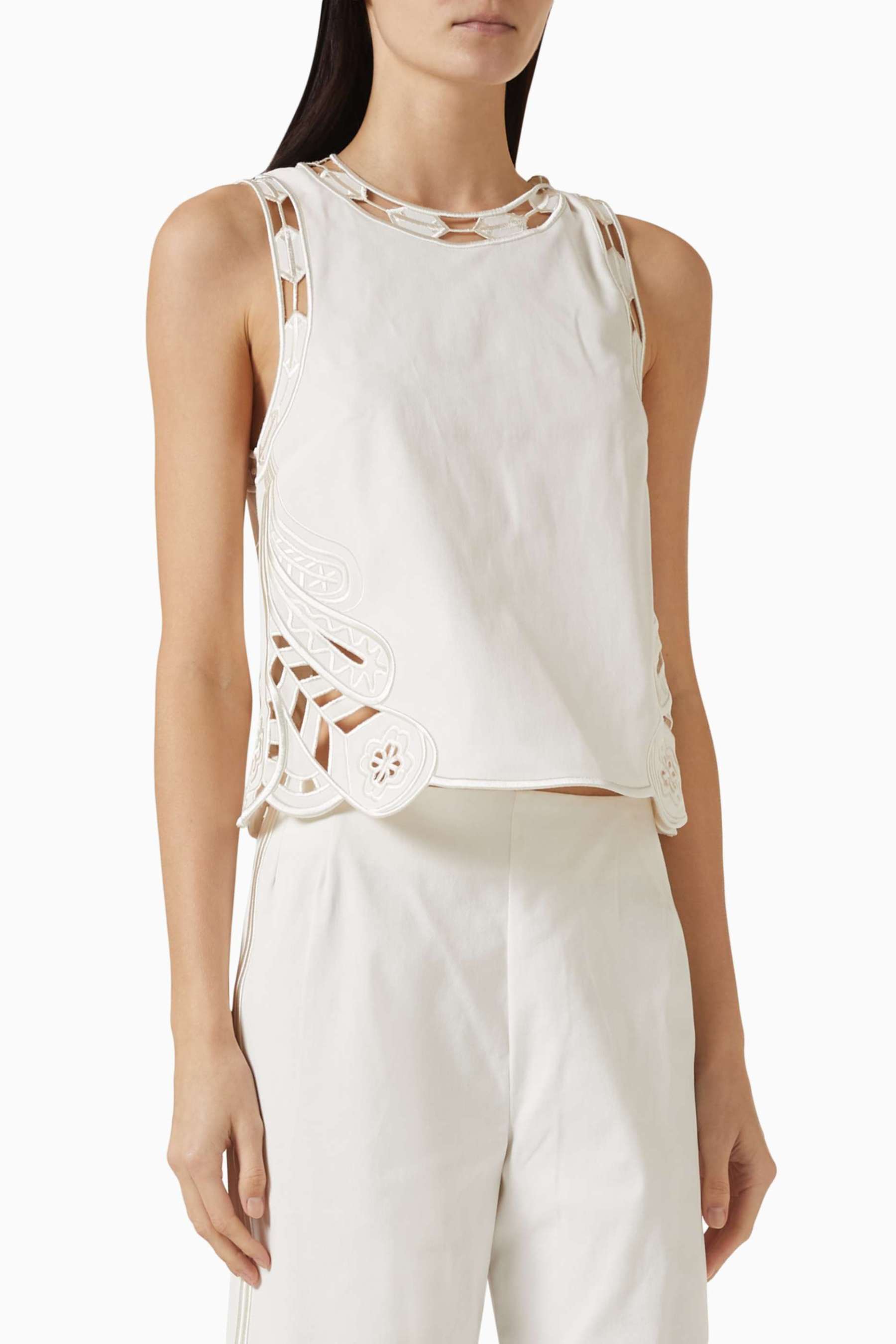 Embroidered Sleeveless Round Neck Top & Hight Waist Pants Set