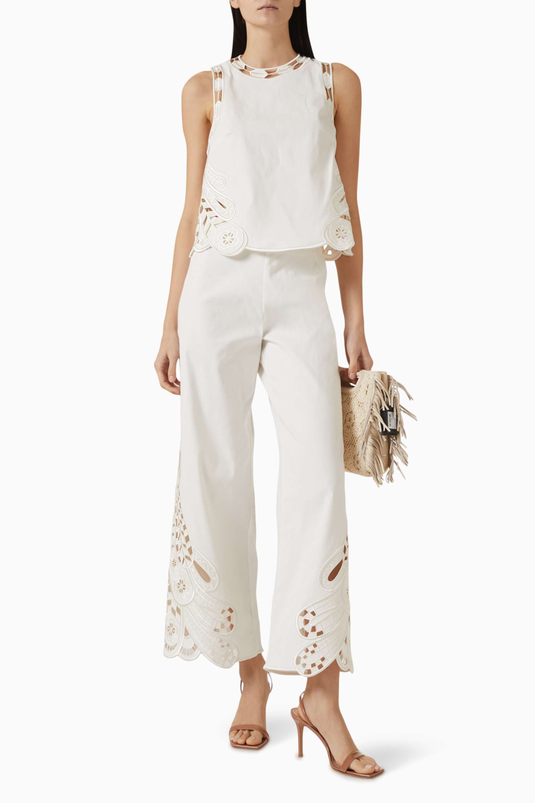 Embroidered Sleeveless Round Neck Top & Hight Waist Pants Set