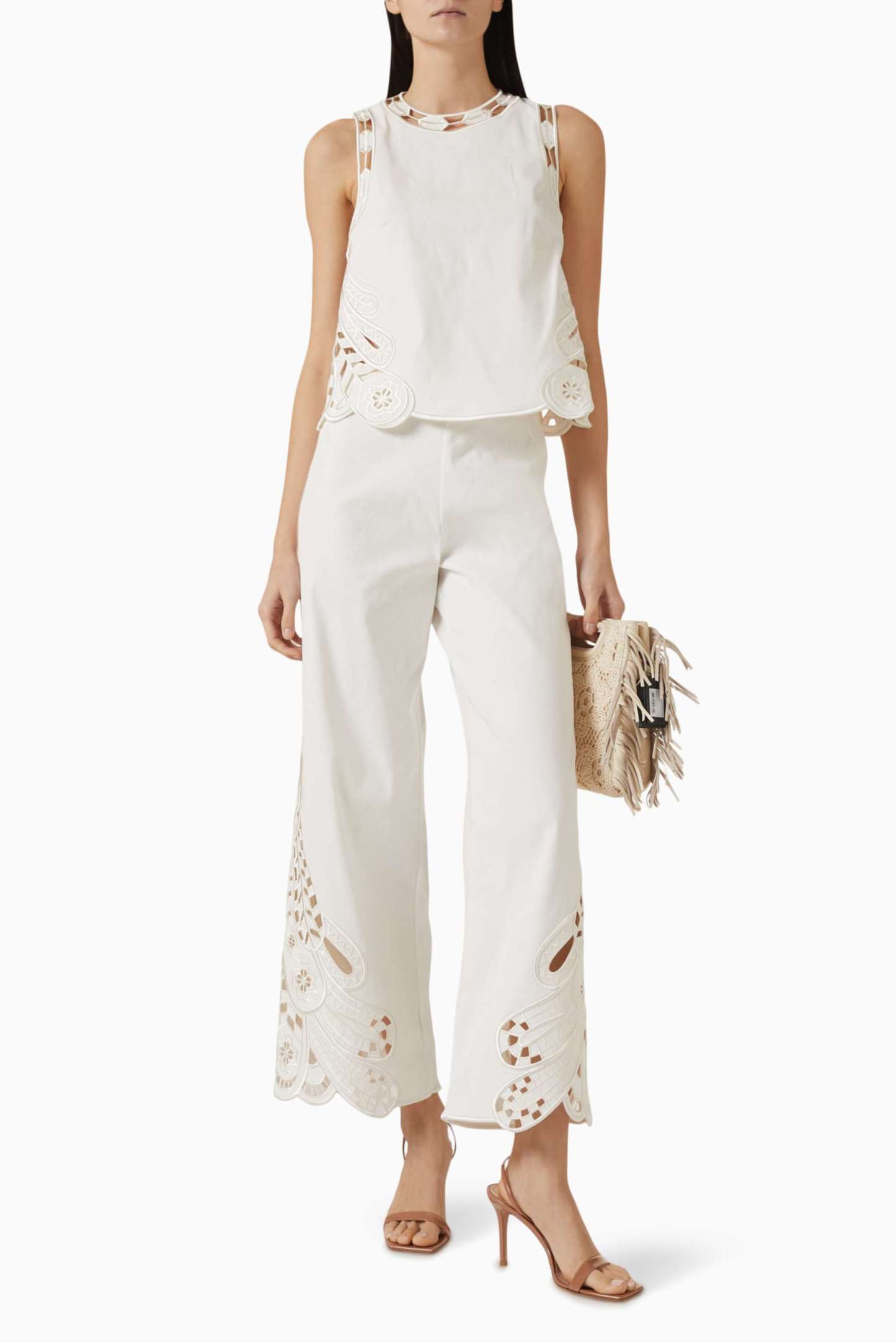 Embroidered Sleeveless Round Neck Top & Hight Waist Pants Set