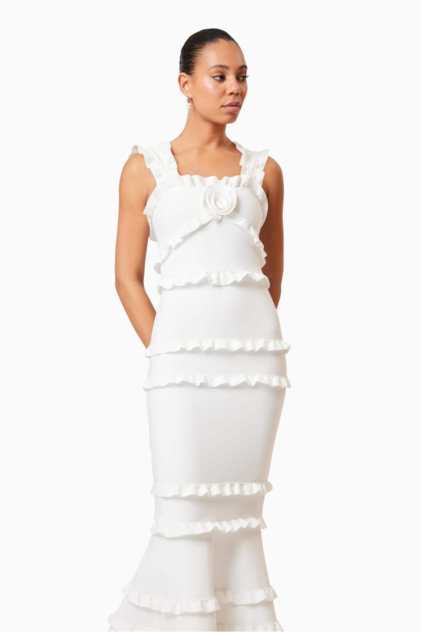 3D Flower Frill Slip Midi Dress