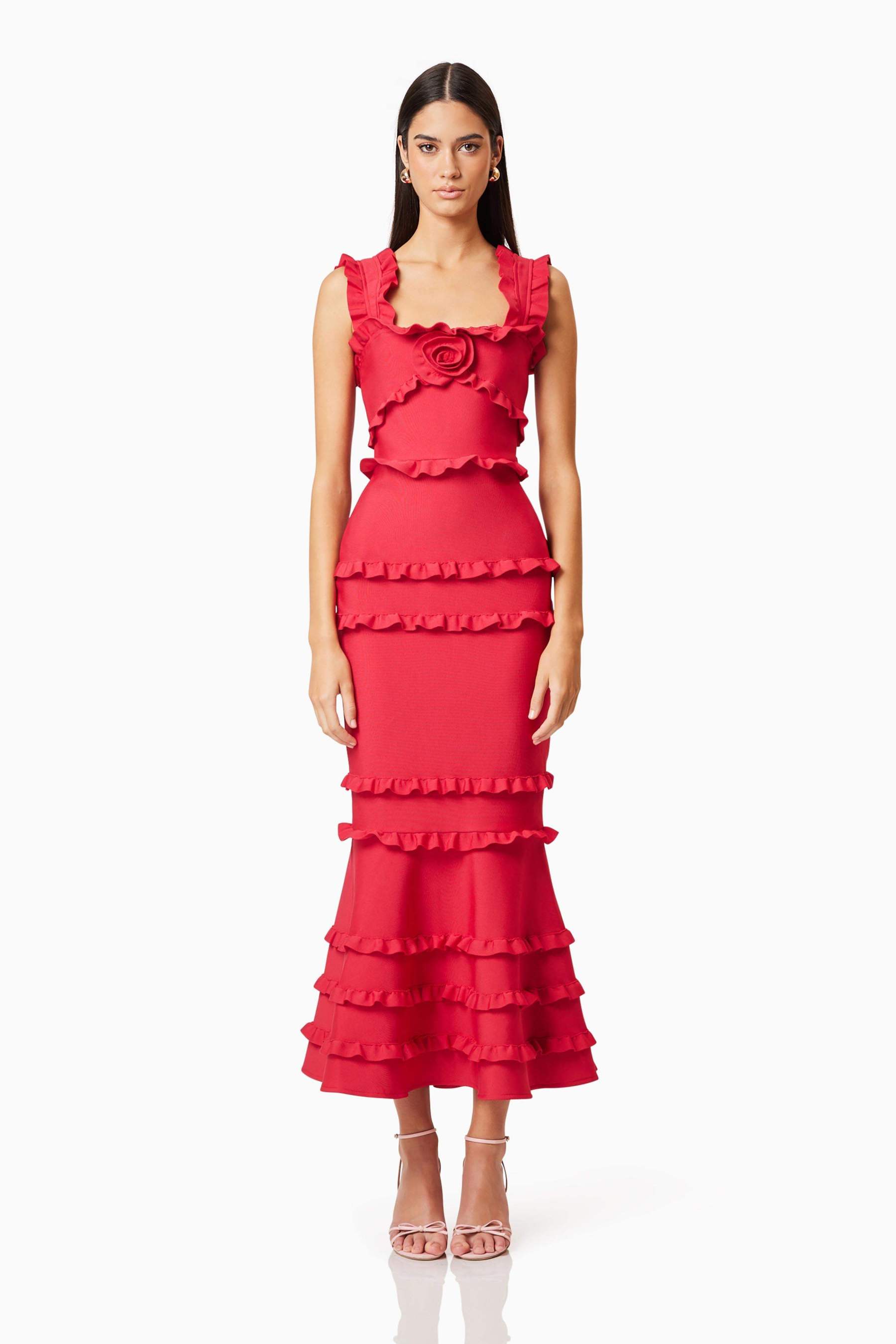 3D Flower Frill Slip Midi Dress