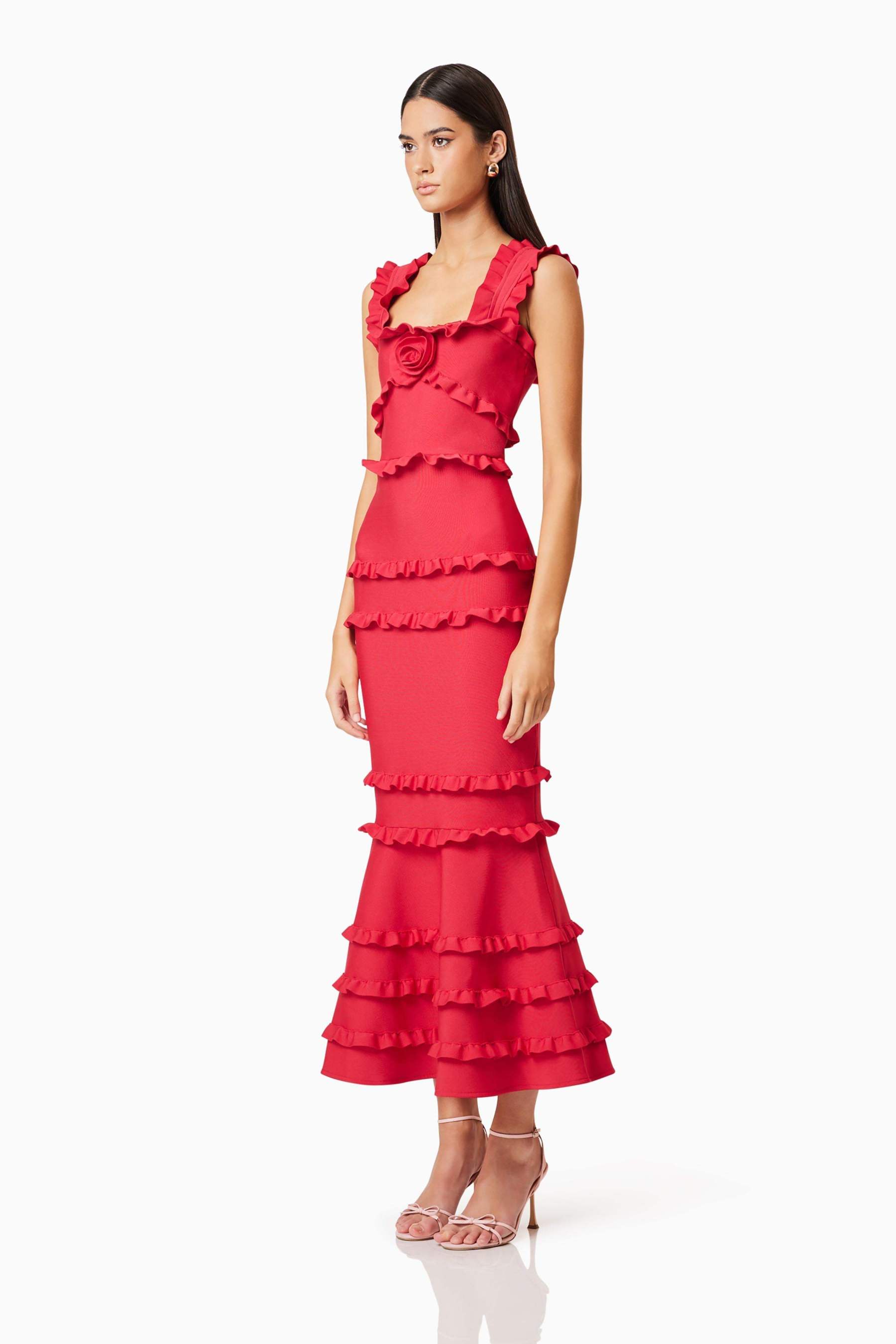 3D Flower Frill Slip Midi Dress