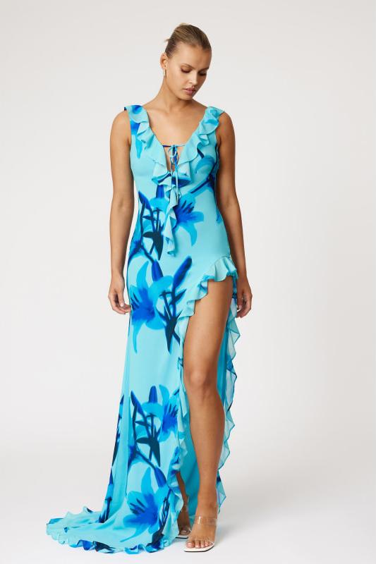Floral Frill Lace-Up Midi Dress