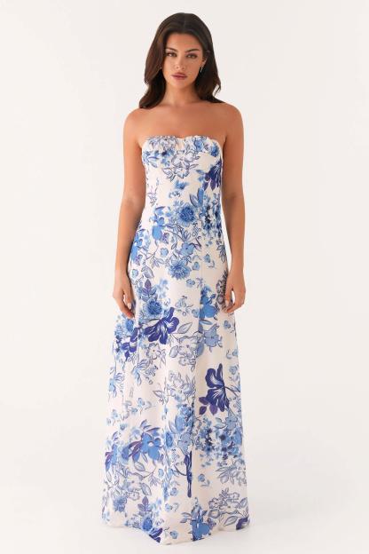 Floral Gathering Strapless Maxi Dress