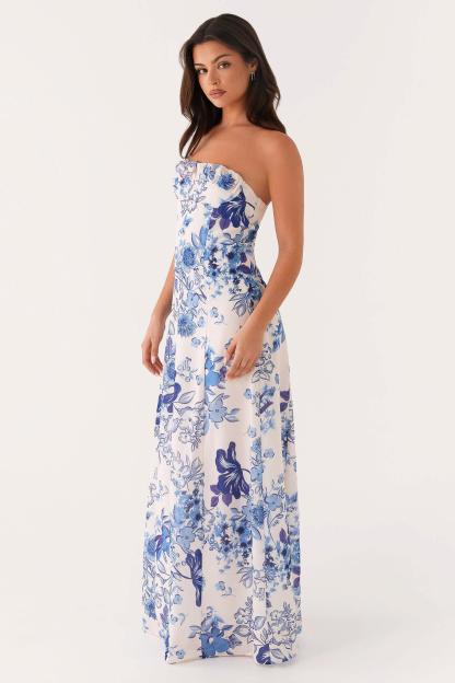 Floral Gathering Strapless Maxi Dress