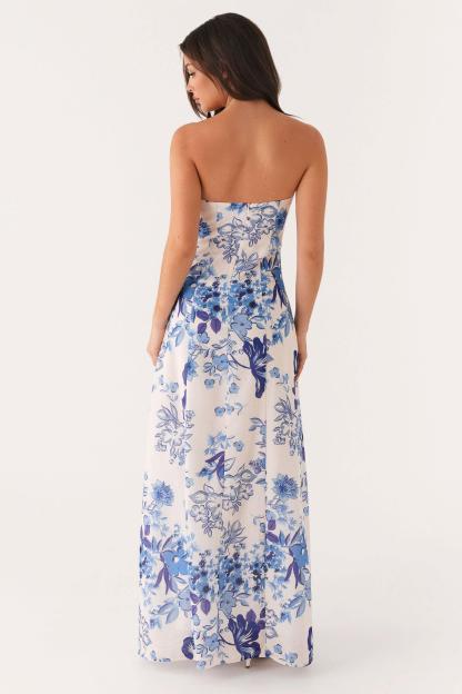 Floral Gathering Strapless Maxi Dress