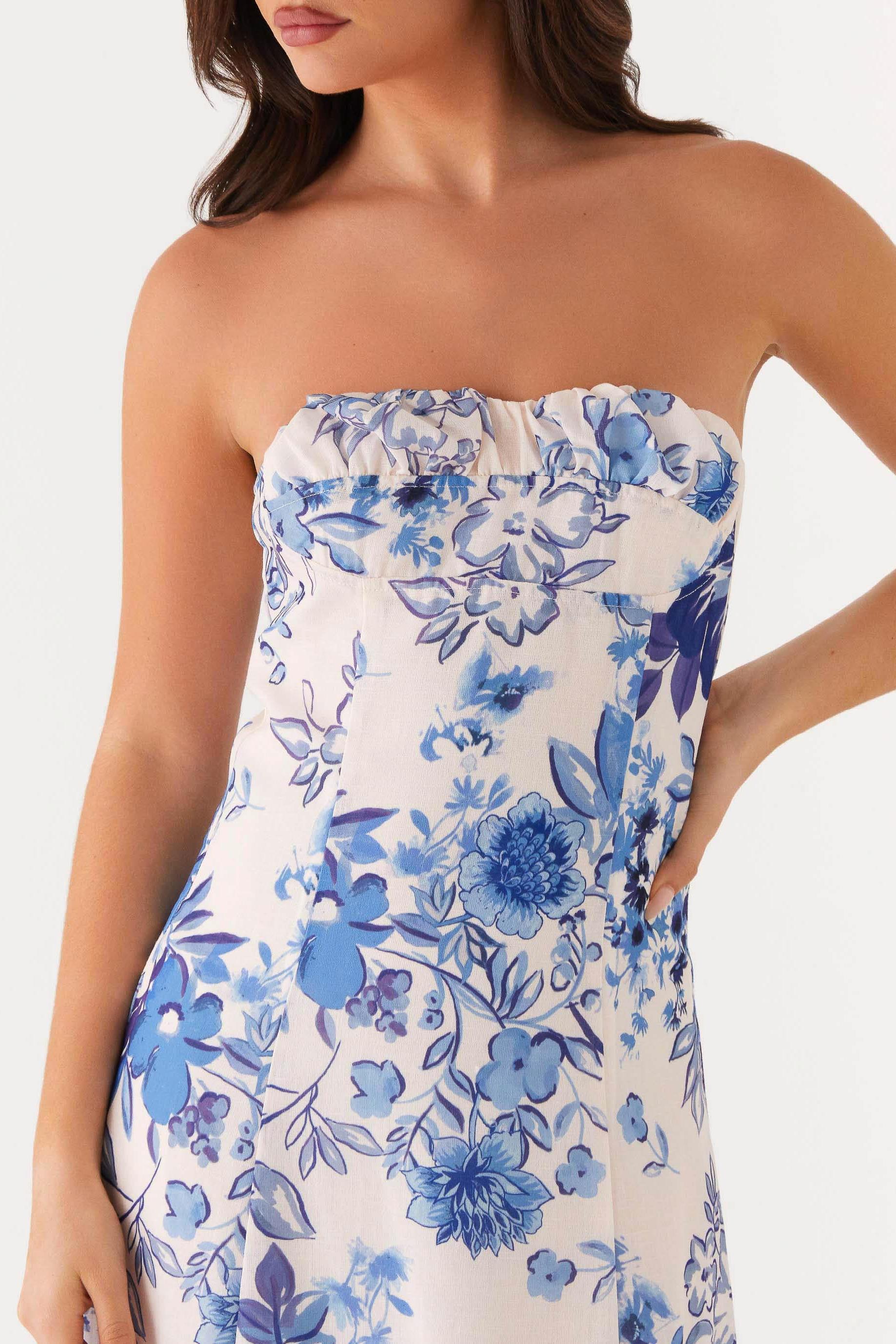 Floral Gathering Strapless Maxi Dress
