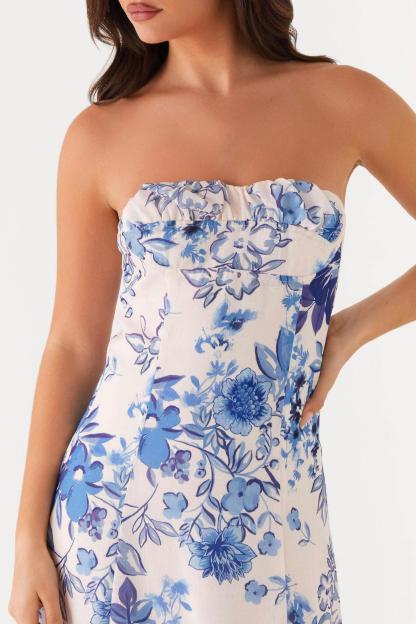 Floral Gathering Strapless Maxi Dress
